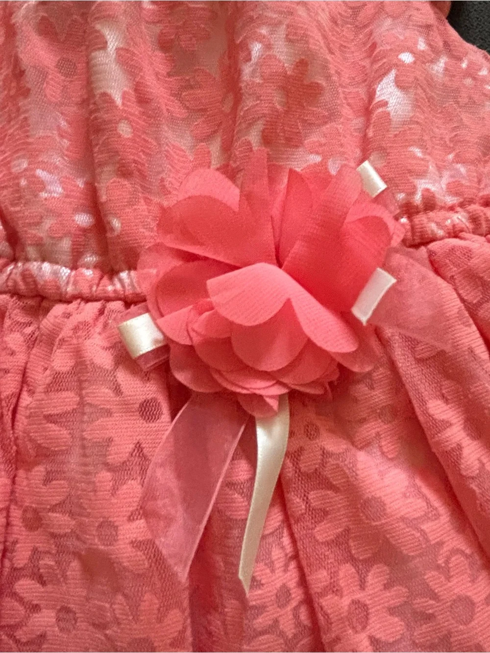 bloom Coral Pink Lace Floral Party Dress with Flower Accent